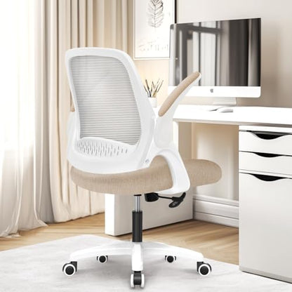 NEO CHAIR Office Desk Chair, Ergonomic Mesh with Flip-Up Armrests, Beige | Lumbar Support, Height Adjustment, 360° Swivel and Rolling Base, Space-Saving Design for Home Office, Vanity or Study - color: Beige