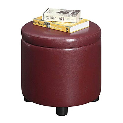 Convenience Concepts Designs4Comfort Round Accent Storage Ottoman in Burgundy Red Faux Leather Finish - color: Burgundy Faux Leather