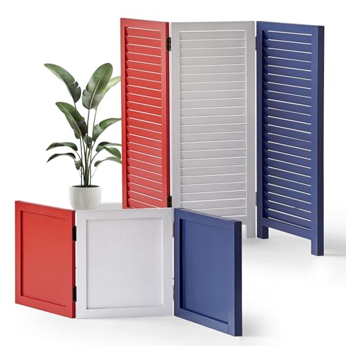1 Pack 3 Panel Wood Short Room Divider Screen Red White Blue | Freestanding Modular Louvered Partition Screen For Bedroom Home Office Apartment Privacy - color: Red White Blue