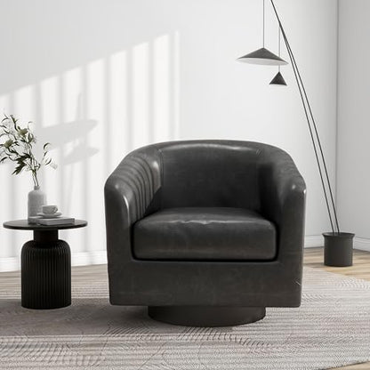 Swivel Barrel Accent Chair, Comfy Reading Armchair, Grey Black, Set of 1 | Club Chairs for Adults, Low-Back Design, Modern Round Style, Solid Wood Frame & Metal Swivel Base, For Living Room & Bedroom - color: Grey Black