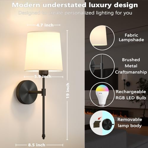Battery Operated Wall Sconces Set of 2, Wireless Rechargeable Dimmable Wall Light with 5600mAh RGB Bulb and Remote for Bedroom, Living Room, Hallway, Black, 19in - color: Black, size: 19 Inch Set of 2