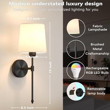Battery Operated Wall Sconces Set of 2, Wireless Rechargeable Dimmable Wall Light with 5600mAh RGB Bulb and Remote for Bedroom, Living Room, Hallway, Black, 19in - color: Black, size: 19 Inch Set of 2