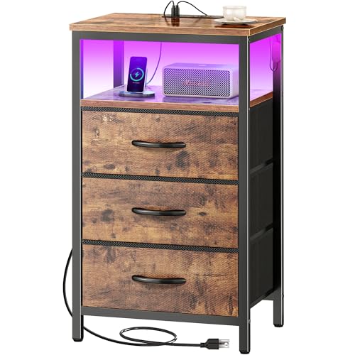 Huuger Night Stand with Charger Station and LED Lights, 3 Drawer Nightstand | Bed Side Table with Open ShelfEnd TableTall Fabric Dresser for Bedroom, Rustic Brown - color: Rustic Brown, size: 11.8"D x 15.7"W x 27.6"H（3 Drawers）