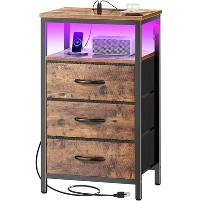 Huuger Night Stand with Charger Station and LED Lights, 3 Drawer Nightstand | Bed Side Table with Open ShelfEnd TableTall Fabric Dresser for Bedroom, Rustic Brown - color: Rustic Brown, size: 11.8"D x 15.7"W x 27.6"H（3 Drawers）