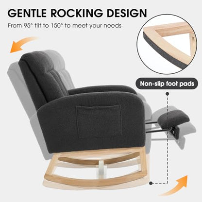 Rocking Chair Nursing, Rocker Chair with Footrest (Dark Grey) | Teddy Boucle Upholstered Accent Reading Chair with High Back & Side Pocket for Living Room Bedroom Nursery Office - color: Dark Grey