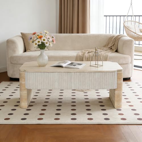 39.4" Lift Top Coffee Table with Hidden Storage & MDF Faux Marble Tabletop for Living Room, Modern Rectangular MDF Wooden Centre Table Tea Table for Apartment, Beige - color: 39.4" Lift Top Coffee Table With Hidden Storage,beige