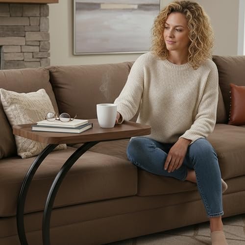 2 Tier Trays C Shaped End Table for Sofa, Heavy Duty with Double Dual Bent Metal Tubes Support,Dimension W20.5*D13.4*H25.5, Couch Table that Slides Under,Raised Edges Prevent Falling Off