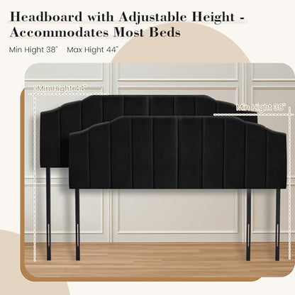 Upholstered Headboard Adjustable Height Queen/King Headboard Cream Velvet Tufted Modern Vertical Channel Design with Stepped Silhouette Top Edge(Black Queen) - color: Black, size: Queen