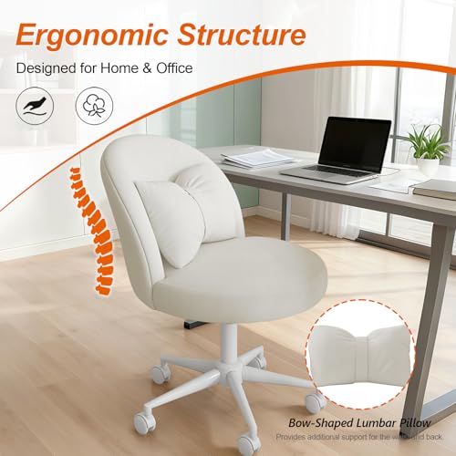 Desk Chair with Soft Cushion, Adjustable Height Armless Office Chair Upholstered Makeup Vanity Chair, Swivel Accent Chair for Living Room, Bedroom, Study, Home Office - color: Cream