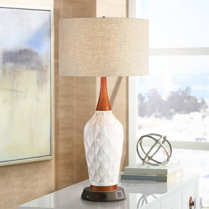 Rocco 30" Large Table Lamp White Ceramic USB Workstation Base Oak Wood | Mid Century Modern Charging Ports and AC Power Outlet Living Room Bedroom House Bedside Nightstand Office Home Tan Drum Shade - color: White Ceramic with USB Workstation Base