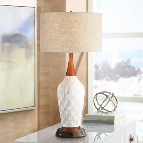 Rocco 30" Large Table Lamp White Ceramic USB Workstation Base Oak Wood | Mid Century Modern Charging Ports and AC Power Outlet Living Room Bedroom House Bedside Nightstand Office Home Tan Drum Shade - color: White Ceramic with USB Workstation Base