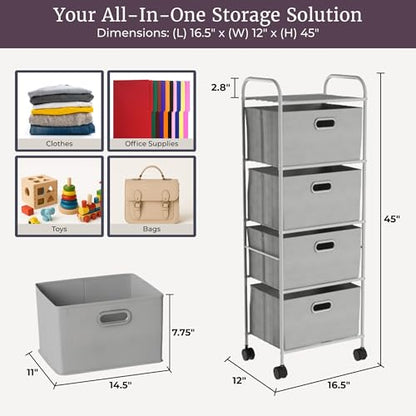 4-Drawer Fabric Dresser - Slim Clothes Storage Organizer with Wheels and Metal Frame - Rolling Cart for Closet, Home, or Office by Lavish Home (Gray)