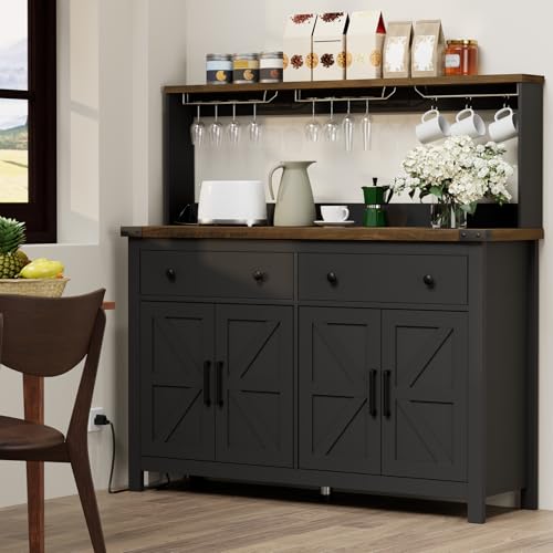 VVFLU Hutch Storage Cabinet Buffet with Drawers, and Charging Station, Coffee Bar Cabinet with Barn Doors, Wine Rack and Hooks, Countertop, Long Farmhouse, Black, for Kitchen, Dining Room, 54.1" High - color: Black/Wood, size: 15.7"D x 55.1"W x 54.1"H