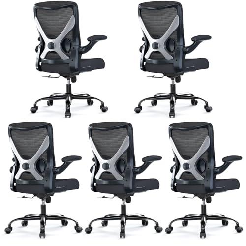 Office Chair: Mesh Ergonomic Desk Chair with 3D Lumbar & Swivel | 330LBS Computer Chair-Executive Task Chairs with Flip-up Arms Home Office Chairs Gaming Chair for Long Hours(Black-Pack of 5) - color: Black, size: Pack of 5