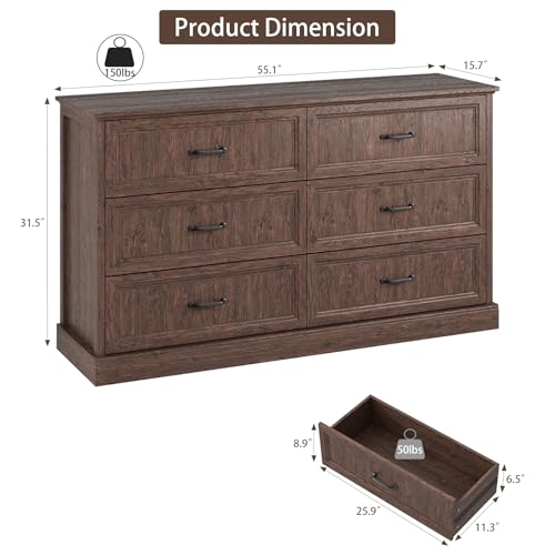 Farmhouse 6 Drawer Dresser for Bedroom, 55" Brown Dresser with TV Stand | Wide Dresser with Large Drawers & Bar Handles, Rustic Wood Chest of Drawers for Living Room, Hallway, Entryway. - color: Brown, size: 16"D x 55"W x 31"H (6 Drawers)