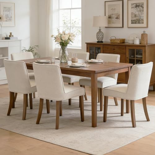 Mid-Century Dining Chairs Set of 6, Linen Fabric Solid White Kitchen Chairs with Walnut Wood Leg Cushioned Back Modern Rustic Side Chairs for Dining Room/Kitchen/Restaurant - color: Linen- White, size: 6 Chairs