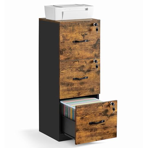VASAGLE File Cabinet, 3 Drawer Filing Cabinet for Home Office, with Locks, for A4, Letter Sized Documents, Hanging File Folders, Rustic Brown and Ink Black UOFC055B01 - color: Rustic Brown + Black, size: 3 Drawers