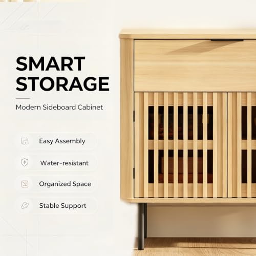 WAMPAT 31.5" W Fluted TV Stand with Storage for Living Room up to 43" TVs | Wood Entertainment Center, Pop-up Doors & Drawer, Mid Century Modern TV Media Console, Cable Management, Bedroom, Oak