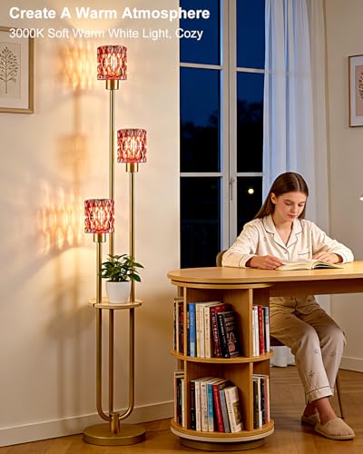 62IN Gold Floor Lamp with Deep Red Glass Shade 3-Lights Mid-Century Modern Farmhouse Floor Lamps with 3000K Warm White Bulbs, Tall Standing Lamp with 5Lbs Heavy Base for Living Room/Bedroom - color: 3 Deep Red Cylinder-Gold
