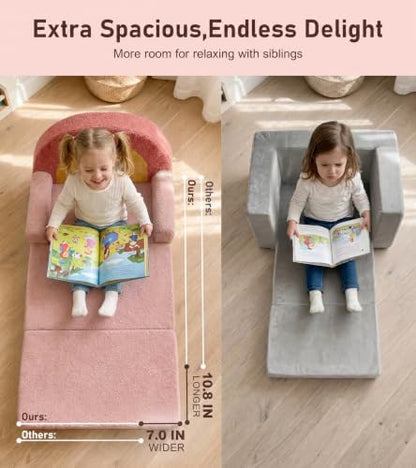 little dove Extra Wide Soft Kids Couch Fold Out, 2-in-1 Kids Couch, Convertible Kid Sofa, Kid Furniture for Playroom, Ideal Gifts for Boys & Girls Ages 3+, Pink