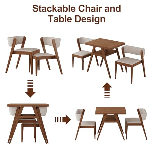 AnywaysWood Solid Wood Outdoor Patio Dining Table Set,3 PCS Bistro Dining Table Set of 2 with upholstered Chairs Patio Conversation Set Stackable Chair and Table Design for Lawn,Deck,Backyard,Walnut - size: 31.5“ x 23.6” x 29.9“