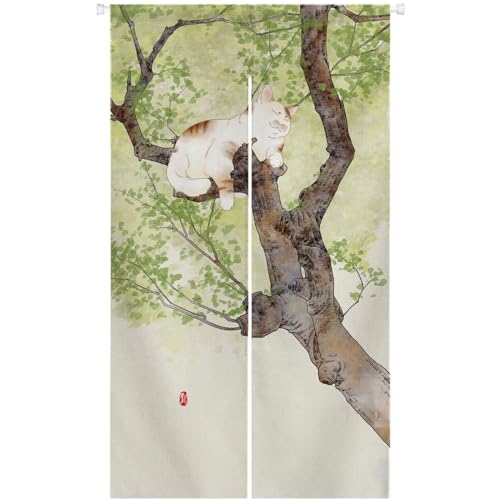 Ofat Home Cat on Tree Japanese Noren Doorway Curtain,Closet Curtain, Custom Panel Curtain Wall Tapestry Hanging Window Noren, 85x150cm - color: Cat on Tree