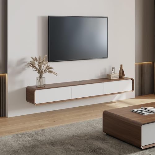 POVISON Fully Assembled Floating TV Stand with Flip-Down Cabinet Doors, 63" Walnut and White Floating Media Console, Solid Wood Floating Entertainment Center, Minimalist TV Stand - color: Walnut & White, size: 62.99"