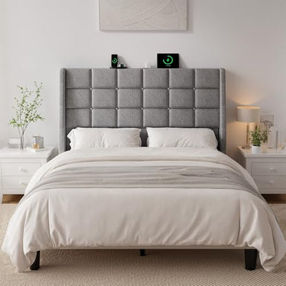 Ergonomic Upholstered Full Size Headboard w/Charging Station, Linen Wingback Headboards w/Storage Pocket, Full Headboard Only, Bed Frame Adapters, Sturdy Solid Wood Bed Head Board, Light Grey - color: Gray, size: Full