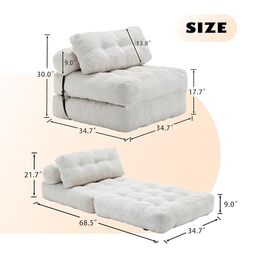 Beige Convertible Sofa Bed Folding Sofa Bed Sleeper Chair Couch Beds, Comfy Floor Beds with Pillow and Back Support, Small Couch for Bedroom, Living Room Bedroom - color: White