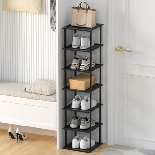 MHXW SXPN Bamboo Free Standing Shoe Rack Shelf Multi Tier Tall Wooden Stackable Shoes Rack Organizer for Closet Front Door Entrance Narrow Vertical Shoe Storage Rack for Corner Stand (Black, 7 Tiers) - color: Black, size: 7 Tiers