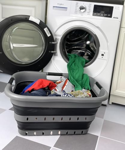 SAMMART Collapsible 3 Handled Plastic Laundry Basket - Foldable Pop Up Storage Container/Organizer - Portable Basket - Space Saving Hamper/Basket (Grey/Black, 3 handled rectangular) - color: Grey/Black