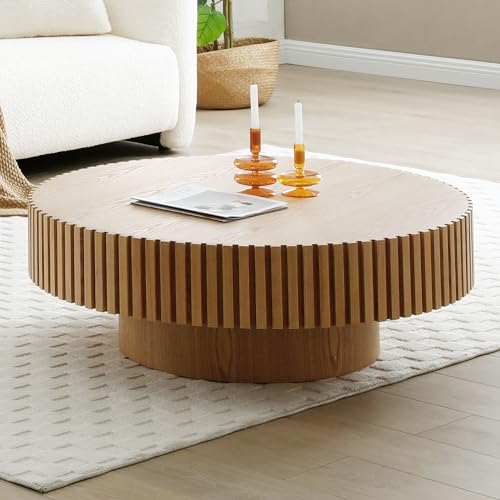 39.37'' Round Coffee Table for Living Room, Modern Wood Nesting Coffee Table Handcraft Circle Fluted Drum Coffee Table, Easy Assembly - color: Oak, size: 39.37"x23.62"x13.42"