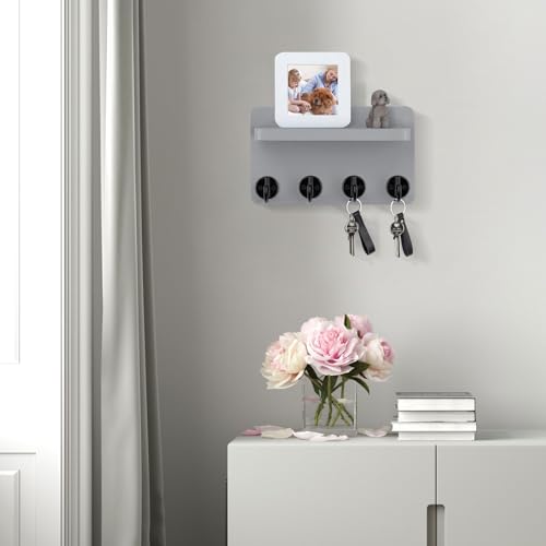 Nekon Key Holder Wall Mount, 8.5 Inch Small Home Decor Wooden Wall Organizer with 4 Hooks and Shelf, Wall Decor for Living Room Entryway Kitchen (Gray) - color: Gray