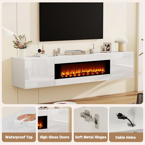 70" Wall Mounted Floating TV Stand with 36" Electric Fireplace, High Gloss Floating Entertainment Center TV Shelf for TVs Up to 80", White Fireplace Media Console Table Floating TV Cabinet Living Room - color: White, size: 70"-with fireplace