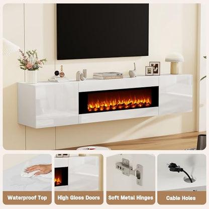 70" Wall Mounted Floating TV Stand with 36" Electric Fireplace, High Gloss Floating Entertainment Center TV Shelf for TVs Up to 80", White Fireplace Media Console Table Floating TV Cabinet Living Room - color: White, size: 70"-with fireplace