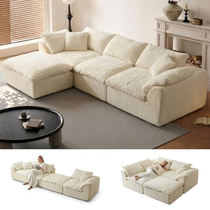 Cloud Couch Sectional for Living Room, Modular L Shaped Boneless Sofa with Chaise, Compressed No Assembly Couch, Deep Seat Chenille Upholstered Convertible Sofa Bed (White) - color: Warm White