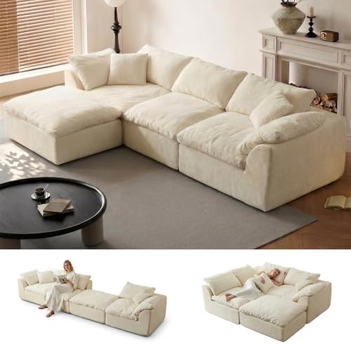 Cloud Couch Sectional for Living Room, Modular L Shaped Boneless Sofa with Chaise, Compressed No Assembly Couch, Deep Seat Chenille Upholstered Convertible Sofa Bed (White) - color: Warm White