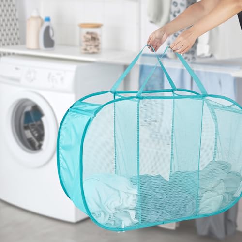 Seiritex Mesh Popup Laundry Hamper 3 Compartment Sortable Horizontal Collapsible Laundry Basket for Clothes Laundry Room Bedroom Toys Travel (Turquoise Blue) - color: Turquoise 3-compartment