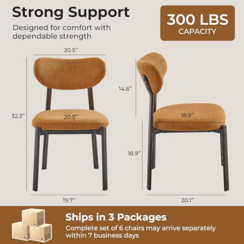 Dining Chairs Set of 6, Modern Upholstered Fabric Kitchen Chairs | Textured Fabric, Curved Back, Upholstered Seat, Metal Frame, Dining Room, Kitchen, Breakfast Nook, Restaurant,Brownish yellow - color: Brownish Yellow, size: Set of 6