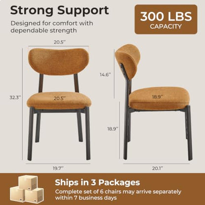 Dining Chairs Set of 6, Modern Upholstered Fabric Kitchen Chairs | Textured Fabric, Curved Back, Upholstered Seat, Metal Frame, Dining Room, Kitchen, Breakfast Nook, Restaurant,Brownish yellow - color: Brownish Yellow, size: Set of 6