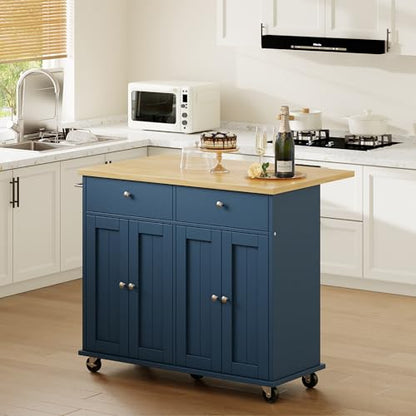 Shintenchi Kitchen Island with Drop Leaf, Rolling Kitchen Cart with Storage on Wheels, Table Bar Cart for Kitchen with Towel Rack & Seating Area for Dining Room, Blue - color: Blue