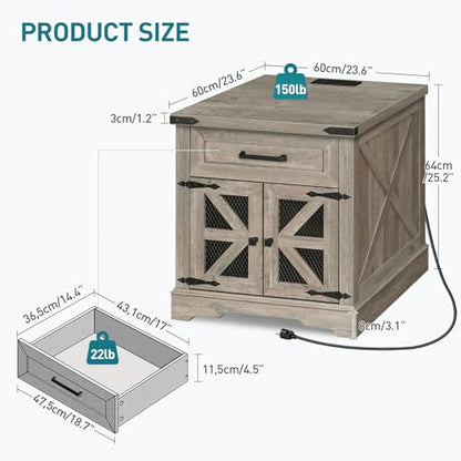 Farmhouse End Table with Charging Station, 24" Large Sofa Side Table with Drawer, Large End Table for Living Room, Wooden Nightstand with Outlet, Square, Greige - color: Greige