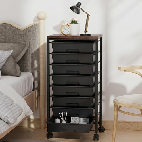 Rolling Cart with 8 Drawers, Storage Drawers Cart with Wooden Tabletop and Lockable Wheels, Craft Storage for Living Room, Office, Classroom, Craft Room, Bedroom (Black) - color: Black