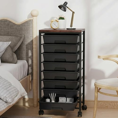 Rolling Cart with 8 Drawers, Storage Drawers Cart with Wooden Tabletop and Lockable Wheels, Craft Storage for Living Room, Office, Classroom, Craft Room, Bedroom (Black) - color: Black