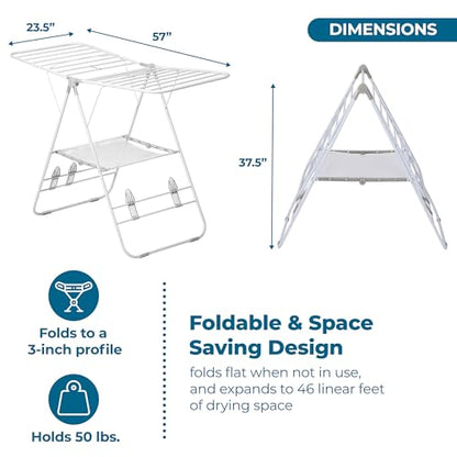 Honey-Can-Do Heavy-Duty Gullwing Clothes Drying Rack, 50 lb, White | Gullwing rack adds 46 ft of drying space with dedicated shoe bars. Sturdy metal, 50 lb capacity, folds flat. - color: White, size: 57" W