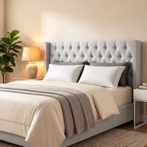 Queen Size Linen Upholstered Headboard, for the Bedroom Grey | Adjustable-Height Tufted Channel Design Padded Head Board Wingback with Nailhead Trim Luxury Bed Headboard - color: Gray, size: Queen (U.S. Standard)