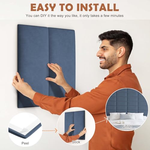 IFNOW Wall Mounted Headboard, Peel and Stick Panels, Navy Blue, Queen | Upholstered 3D Soundproof Acoustic Panels, Reusable and Removable, Padded Leather Bed Headboard, 6 Panels, 9.84" x 23.62" - color: Leather-navy Blue, size: Twin