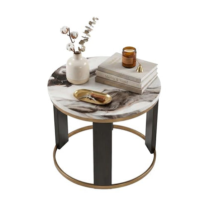 Signature Design by Ashley Jazmore End Table, 24 Inch Round Faux Marble Accent Side Table with Antiqued Brass Finished Metal Frame and Replicated Walnut Wood Legs, White & Black - color: Brown/Brass Finish