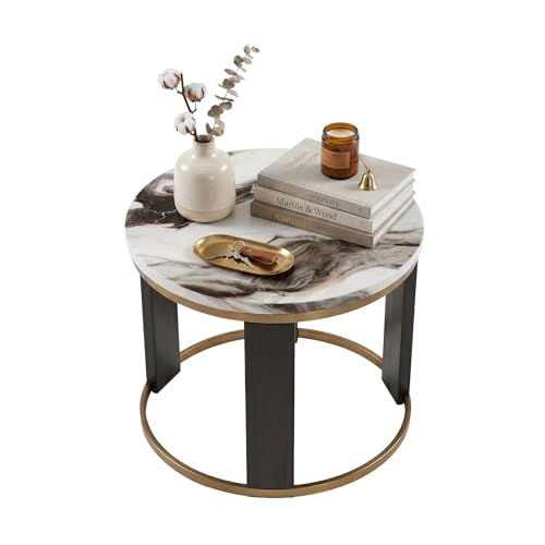 Signature Design by Ashley Jazmore End Table, 24 Inch Round Faux Marble Accent Side Table with Antiqued Brass Finished Metal Frame and Replicated Walnut Wood Legs, White & Black - color: Brown/Brass Finish