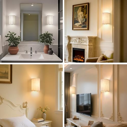 OCATO Battery Operated Wall Sconce Wireless Wall Sconces Set of Two | Rechargeable Magnetic Bulb Wall Lights Lamp Dimmable Timer with 16 RGB Fabric Linen Shade with Remote for Bedroom Living Room - color: Off-White